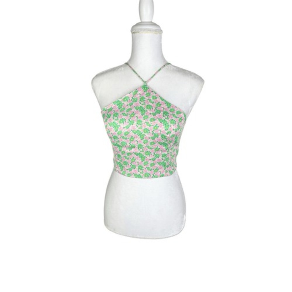 Zara Pink Green Floral Satin Halter‎ Spaghetti Strap Crop Top Size Small